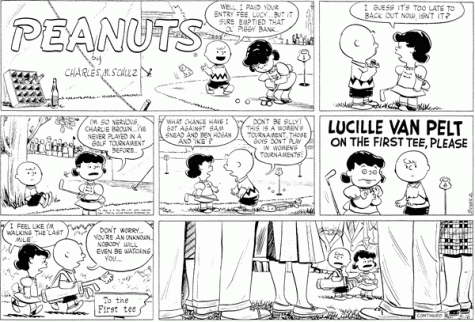This is an early Peanuts strip. Schulz later said that showing adults, even just their legs, was a mistake.