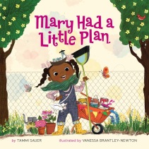 MARY HAD A LITTLE PLAN Cover - Mary is black with dark pigtails, holding a broom and with a barrel filled with gardening items, standing between two trees